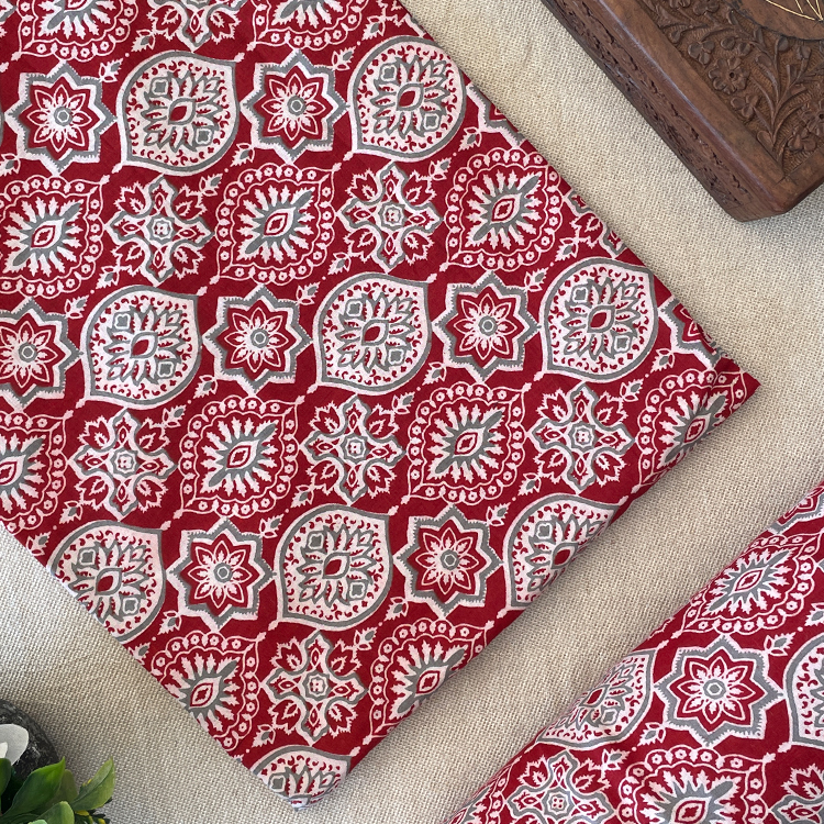Pure Cotton Printed Fabric - Red/Badam Ajrakh