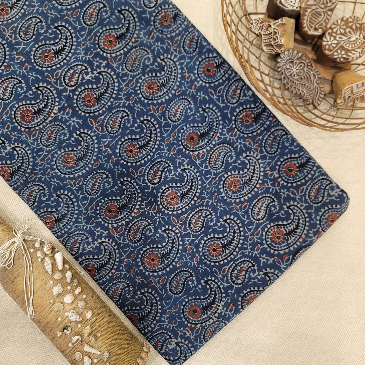 Pure Cotton Hand Block Ajrakh Printed Fabric - Mango/Circle - Indigo Blue
