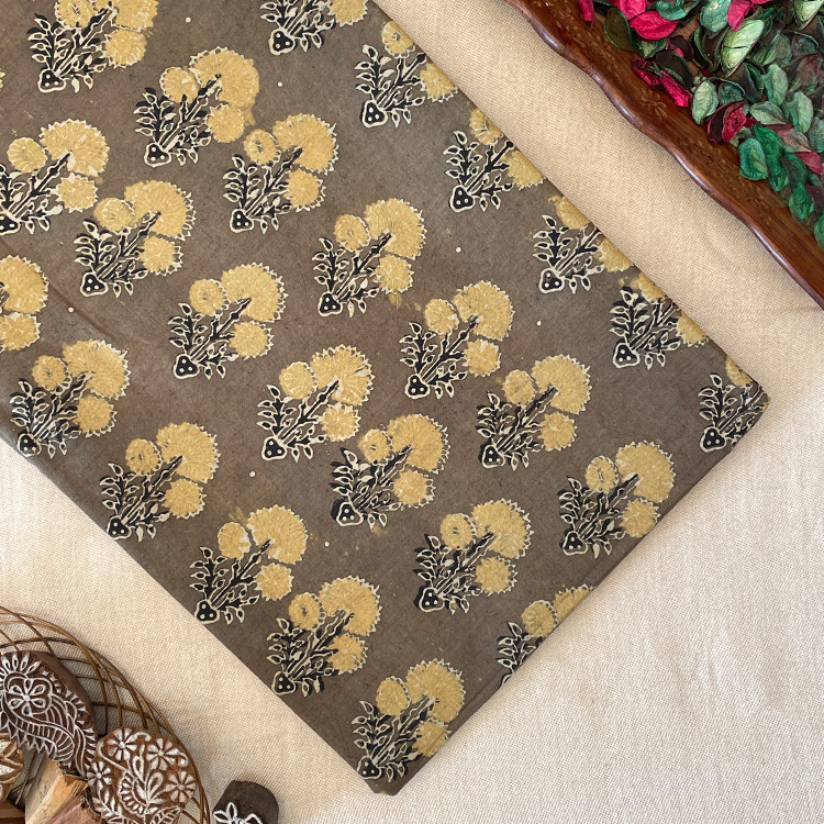 Pure Cotton Hand Block Ajrakh Printed Fabric - Tree Butta - Biscuit Brown