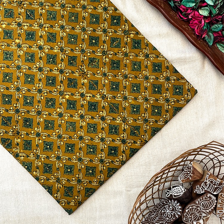 Pure Cotton Hand Block Ajrakh Printed Fabric - Mustard Yellow