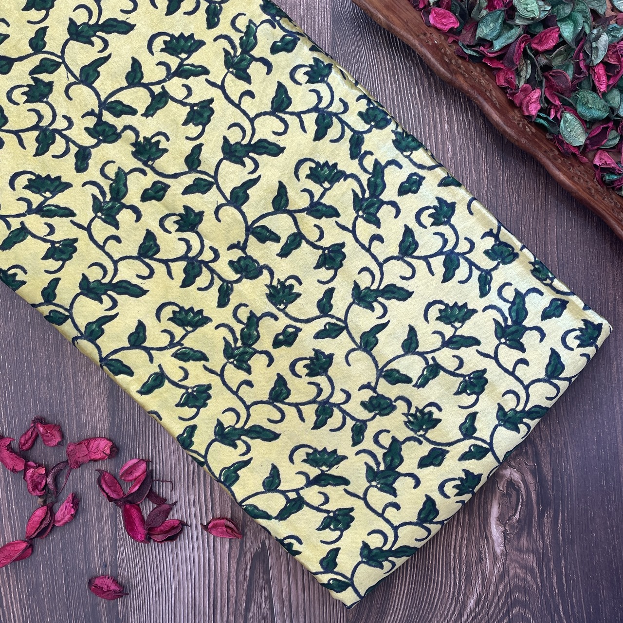Mashru Silk Hand Block Printed Fabric – Yellow / Green – Leaves (Veli)