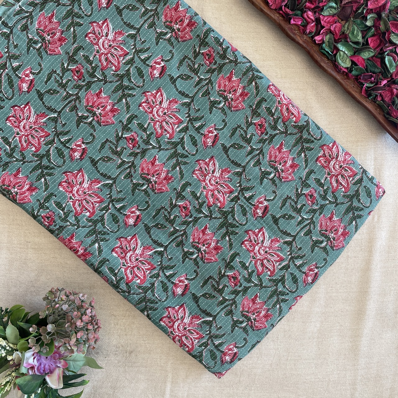 Cotton Kantha Printed Fabric - Floral - Leaves (Veli)