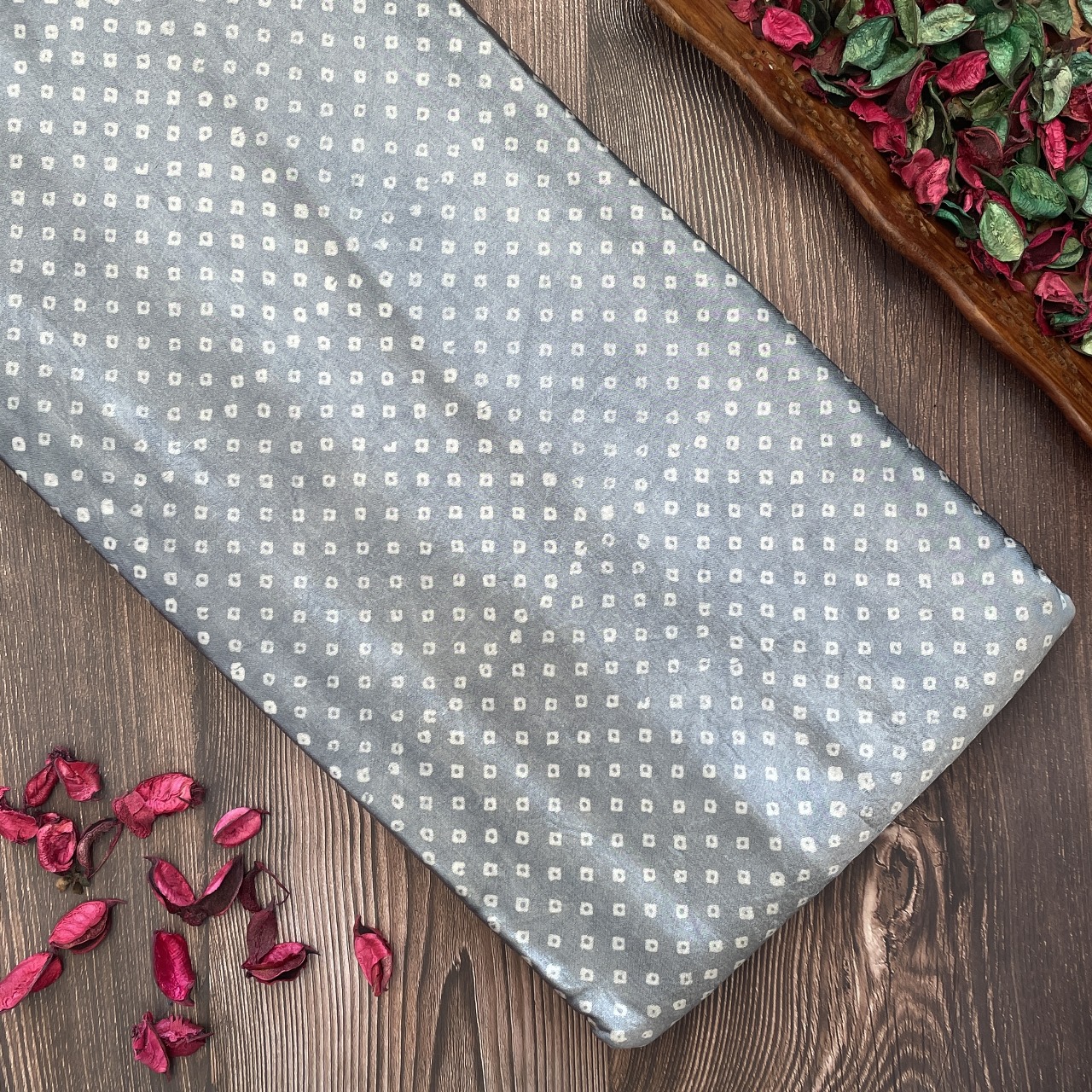 Mashru Silk Hand Block Printed Fabric – Grey - Bandhani