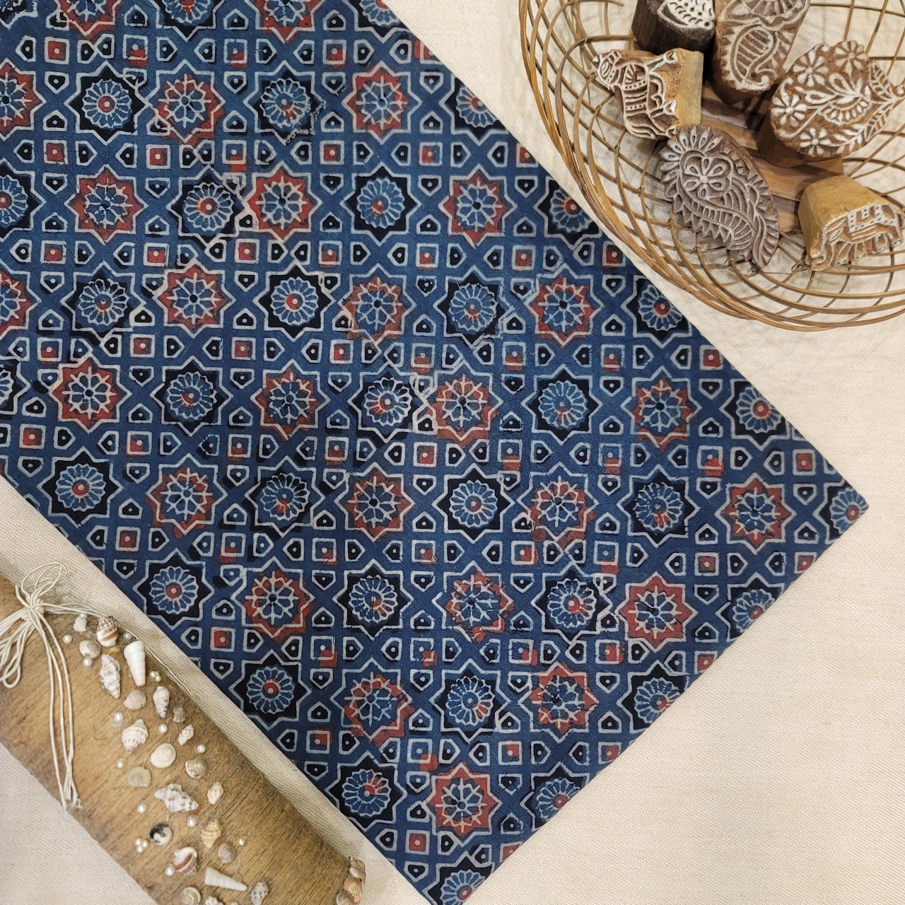 Pure Cotton Hand Block Ajrakh Printed Fabric - Geometrical Square - Indigo Blue