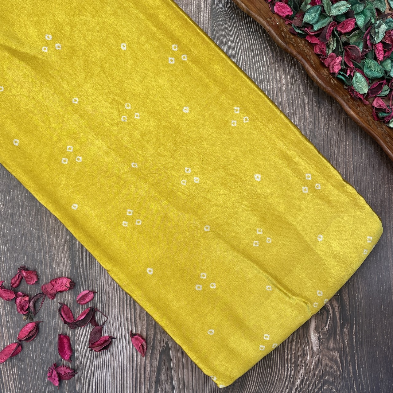 Mashru Silk Hand Block Printed Fabric – Yellow - Bandhani