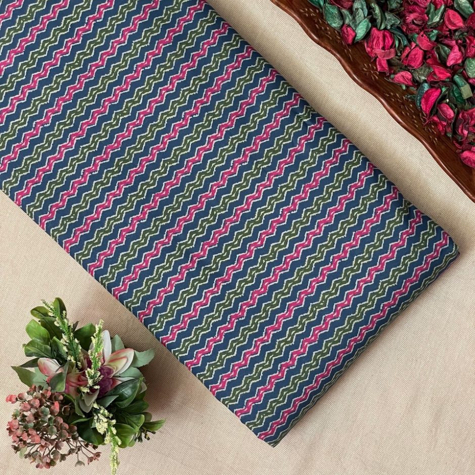 Cotton Lawn Printed Fabric – Stripes – Blue/Pink