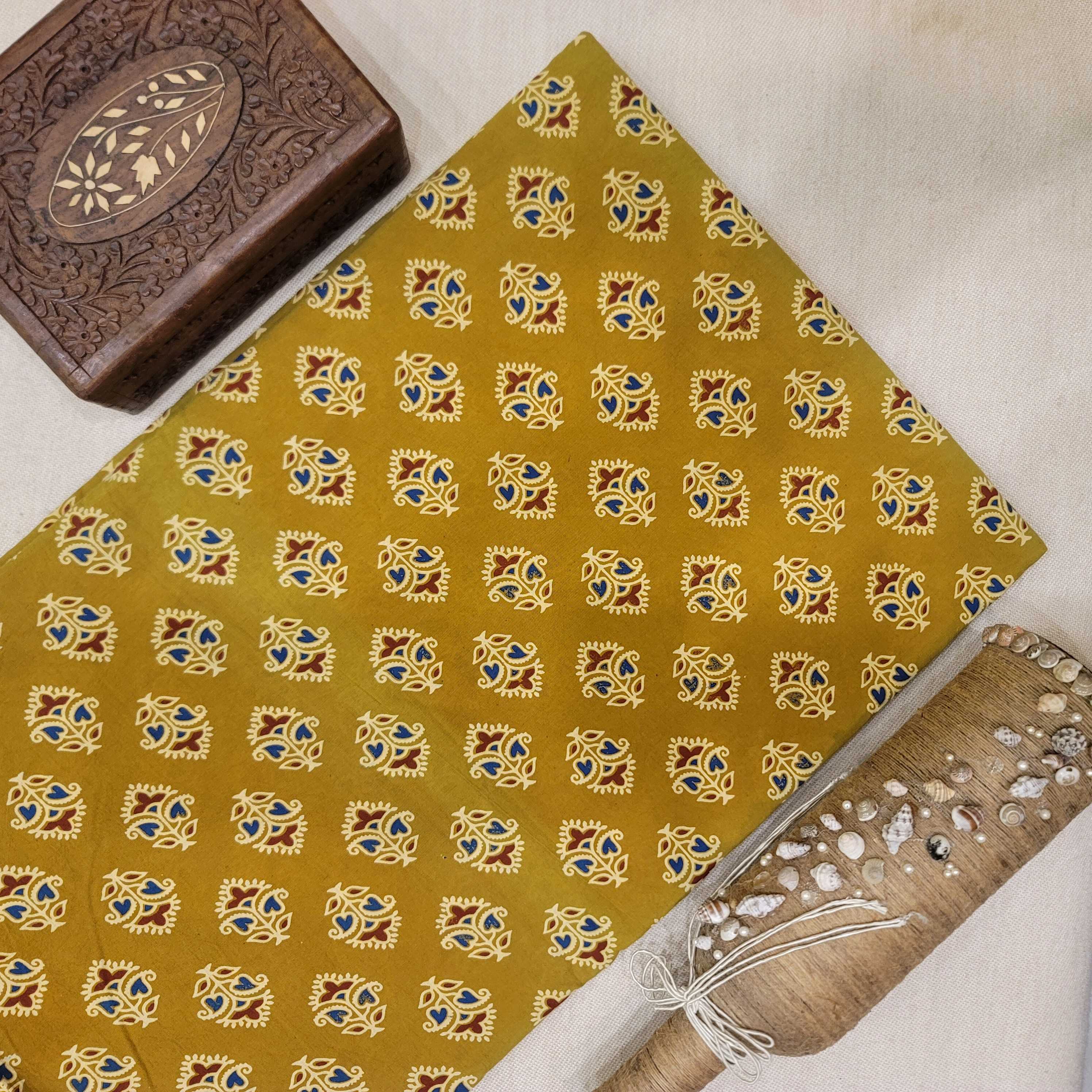Pure Cotton Discharge Hand Block Printed Fabric - Small Flower - Mustard Yellow