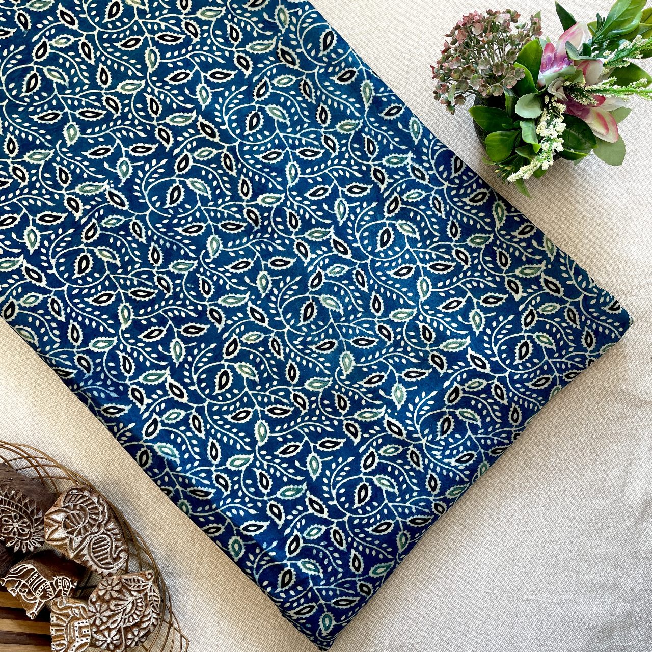 Modal Satin Silk Natural Dye Ajrakh Hand Block Printed Fabric – Indigo – Leaves (Veli)