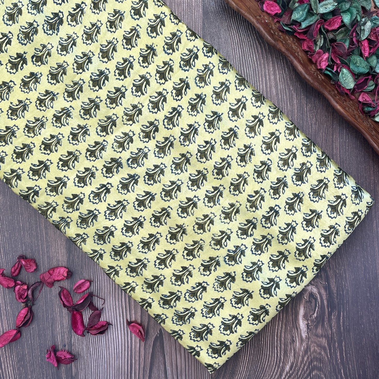 Mashru Silk Hand Block Printed Fabric – Yellow / Mehndi – Small Butti