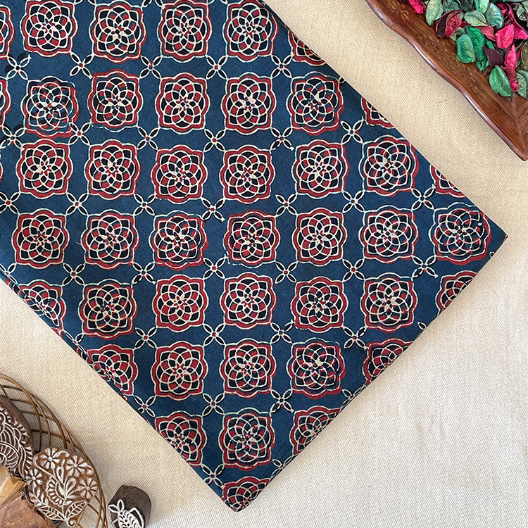 Pure Cotton Hand Block Ajrakh Printed Fabric - Geometrical - Indigo Blue