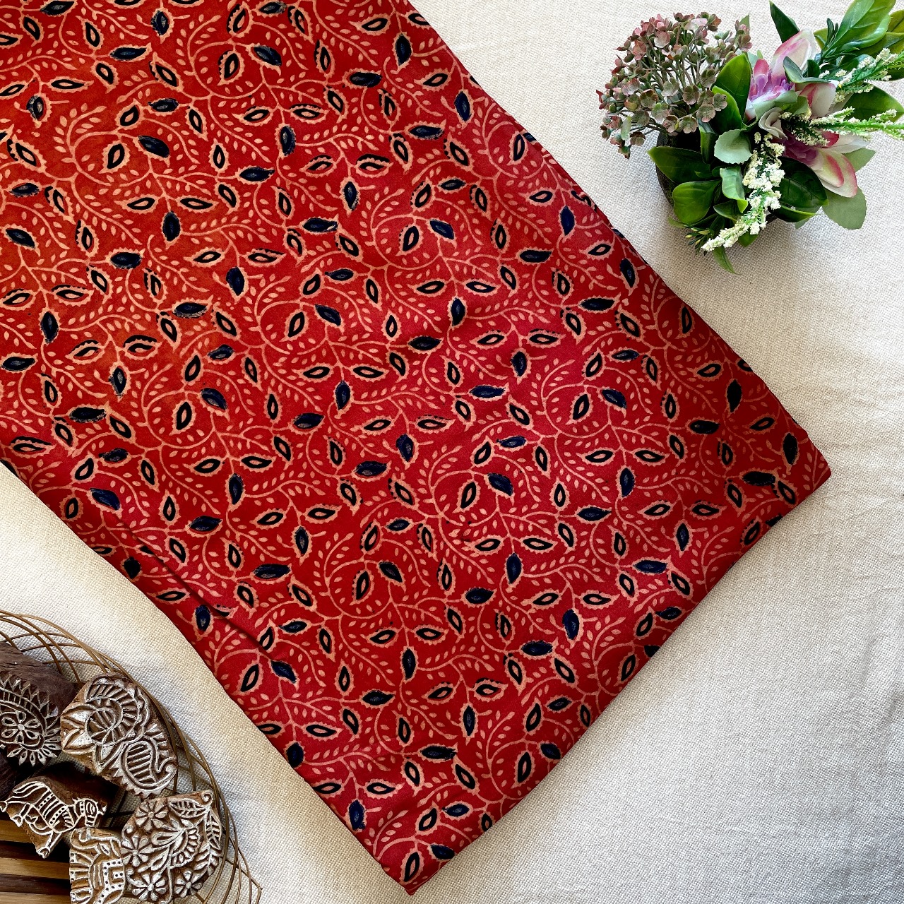 Modal Satin Silk Natural Dye Ajrakh Hand Block Printed Fabric – Red/Blue – Leaves (Veli)