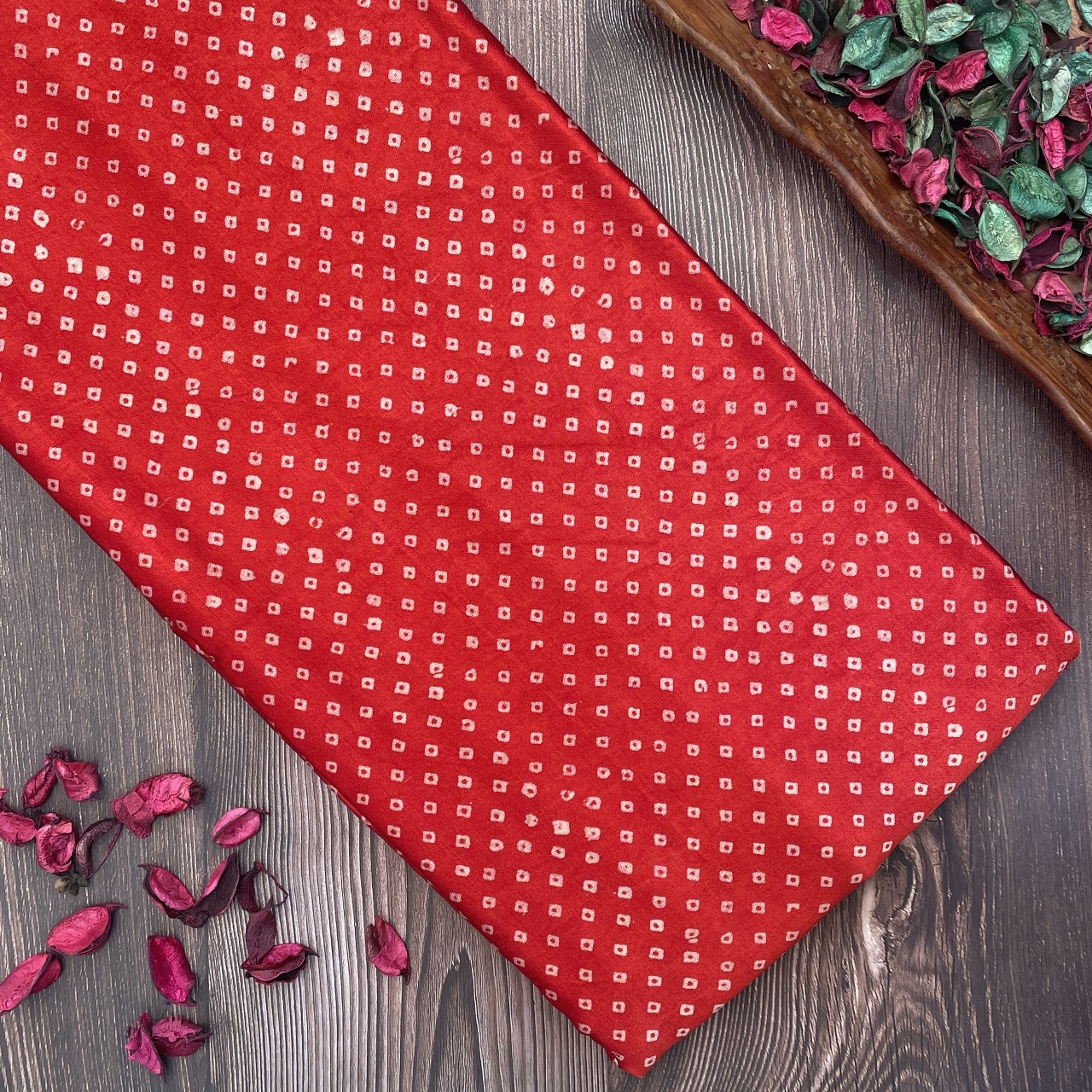 Mashru Silk Hand Block Printed Fabric – Red - Bandhani