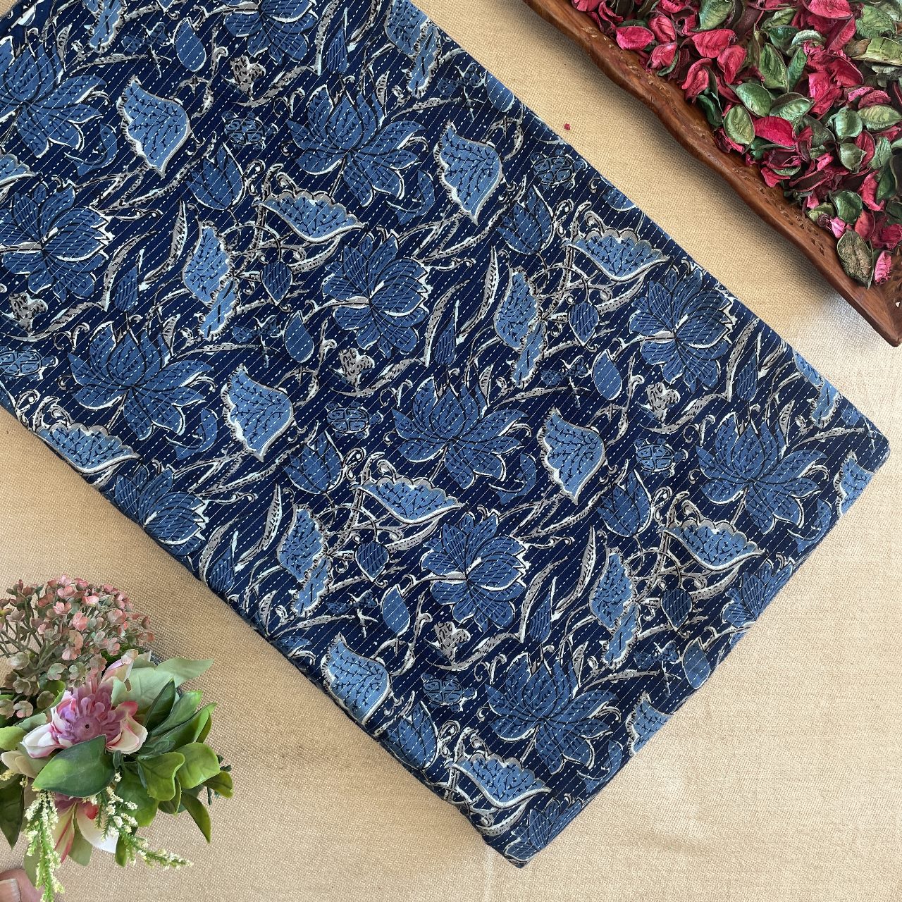 Cotton Kantha Printed Fabric - Indigo - Floral