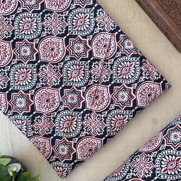 Pure Cotton Printed Fabric - Black/Badam Ajrakh