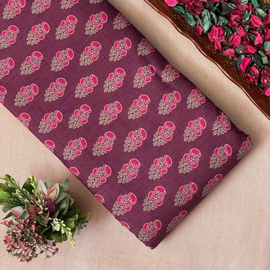 Cotton Lawn Printed Fabric – Flower Butta – Wine Color