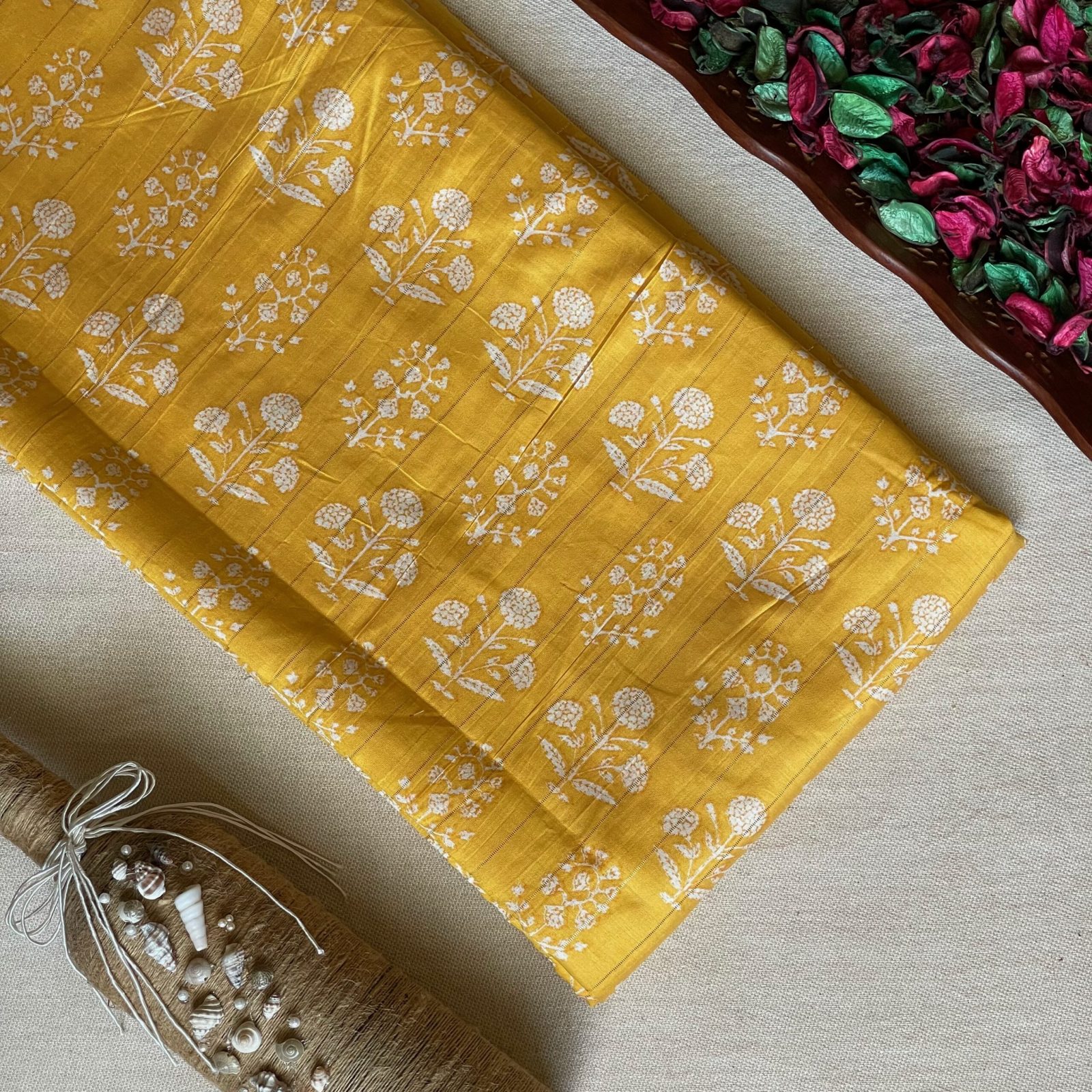 Pure Muslin Printed Fabric with Lurex Line - Yellow/White - Floral