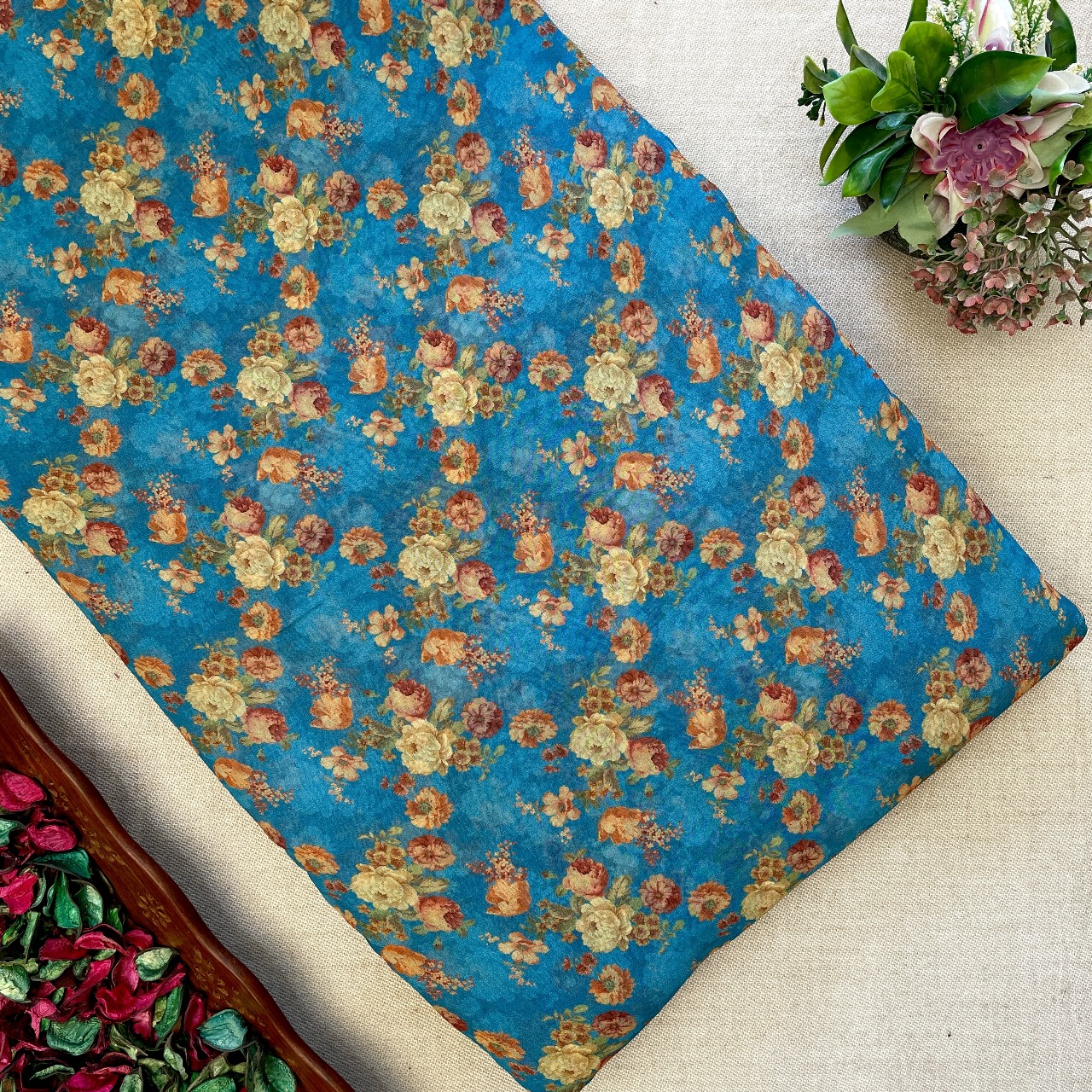 Pure Georgette Printed Fabric - Blue/Yellow - Floral