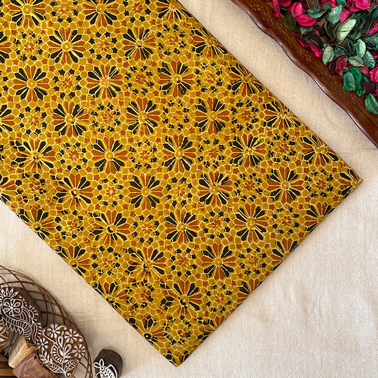Pure Cotton Hand Block Ajrakh Printed Fabric - Floral Geometrical - Mustard Yellow