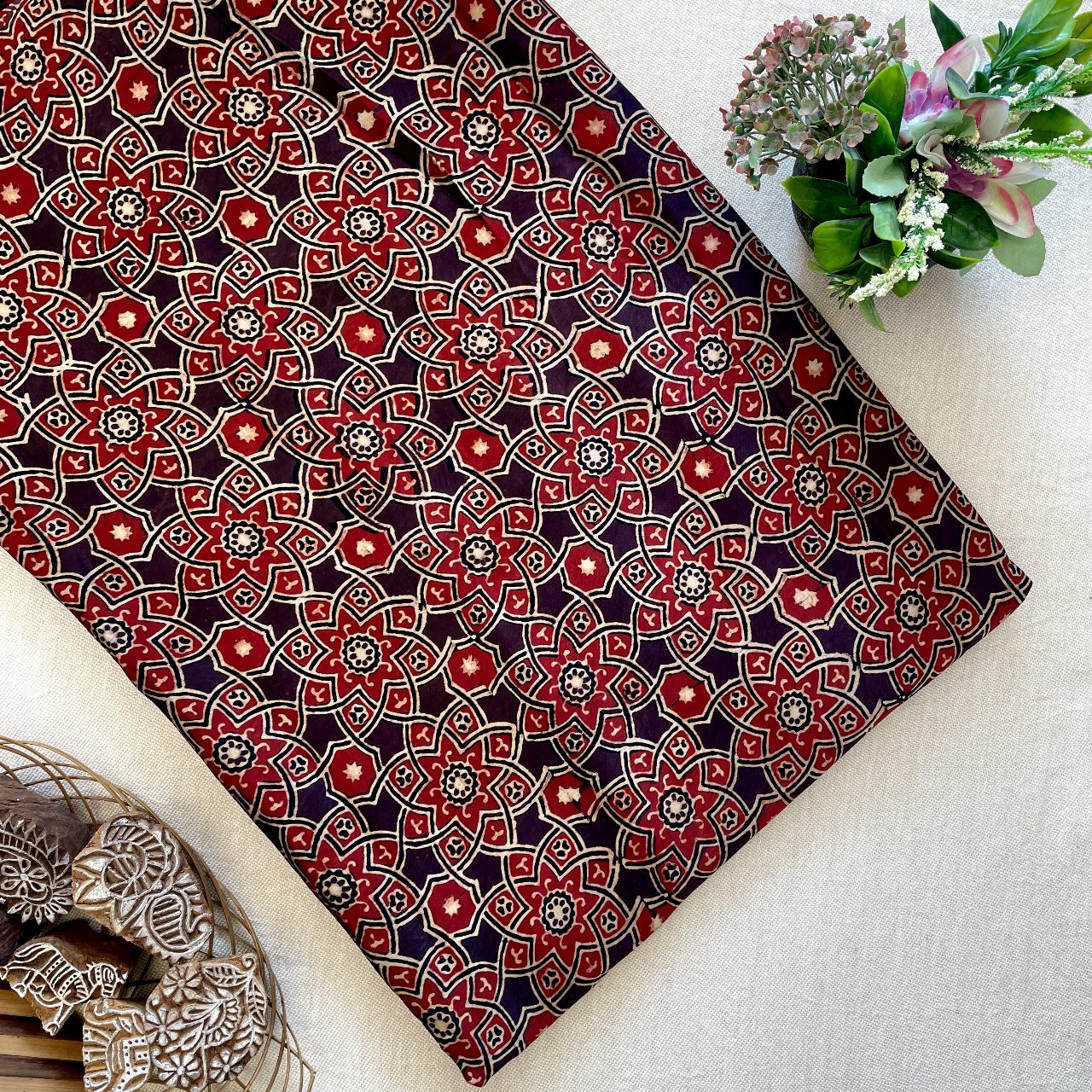 Modal Satin Silk Natural Dye Ajrakh Hand Block Printed Fabric – Red – Floral