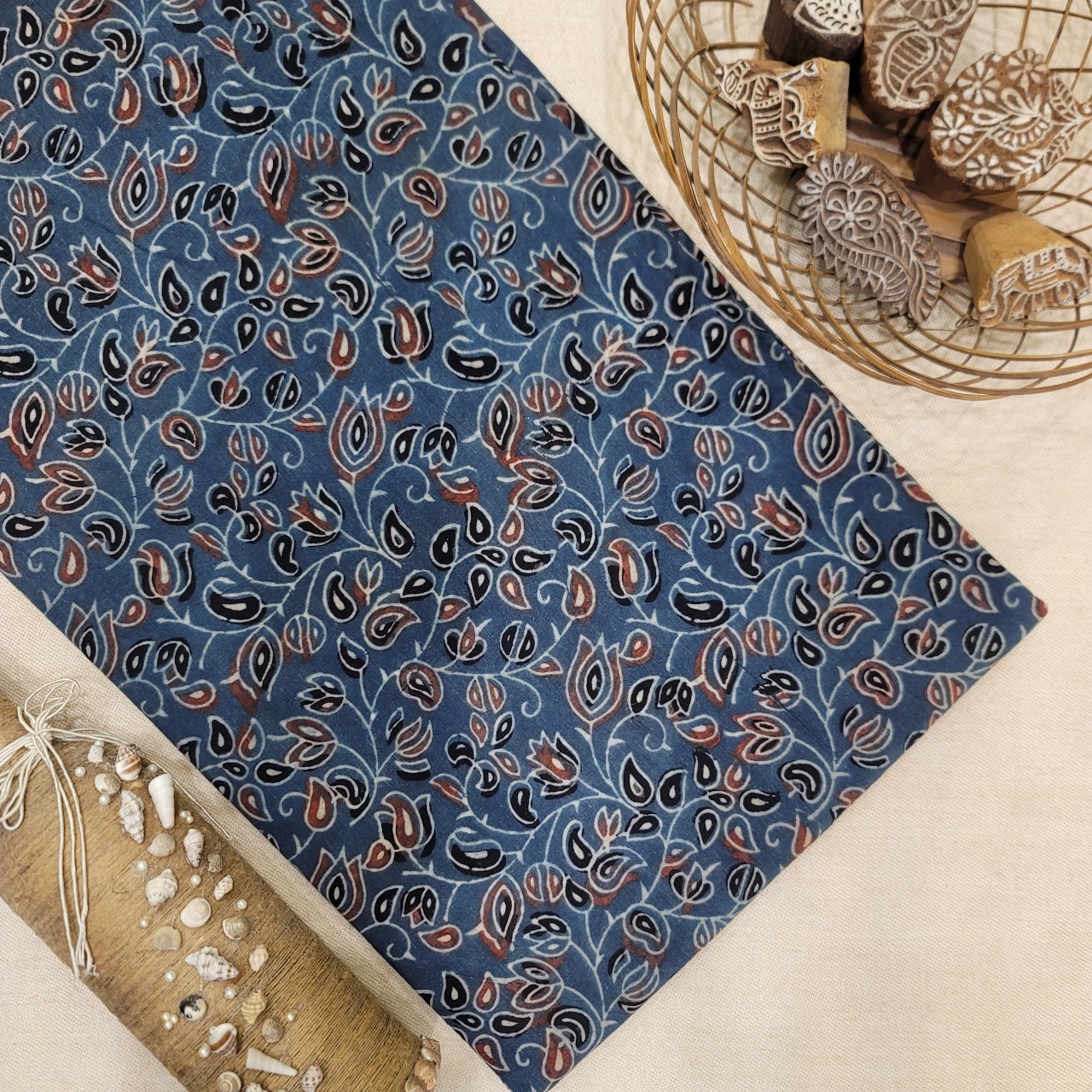 Pure Cotton Hand Block Ajrakh Printed Fabric - Veli - Indigo Blue
