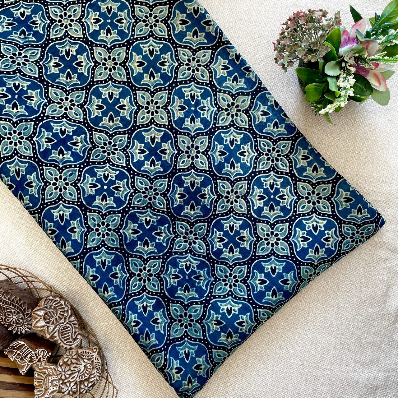 Modal Satin Silk Natural Dye Ajrakh Hand Block Printed Fabric – Indigo – Geometrical