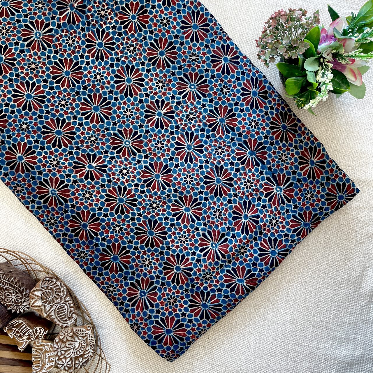 Modal Satin Silk Natural Dye Ajrakh Hand Block Printed Fabric – Indigo/Red – Floral Geometrical