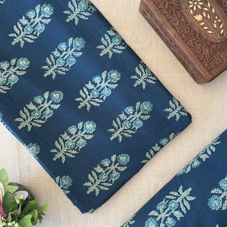 Pure Cotton Printed Fabric - Indigo/Floral Butta