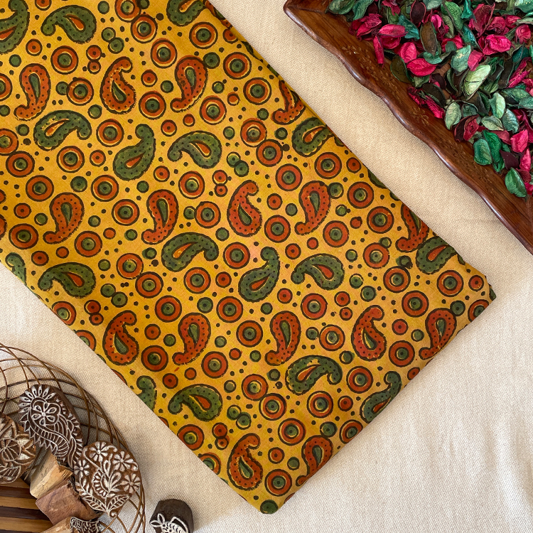 Pure Cotton Hand Block Ajrakh Printed Fabric - Small Mango/Circle - Mustard Yellow
