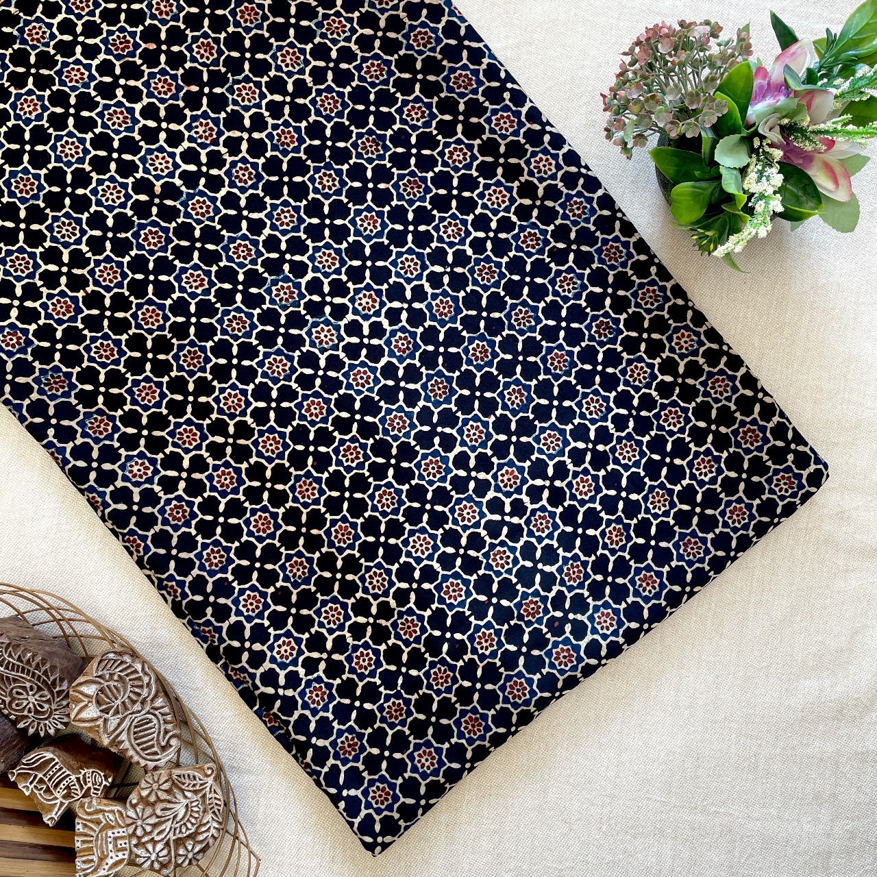 Modal Satin Silk Natural Dye Ajrakh Hand Block Printed Fabric – Black – Geometrical