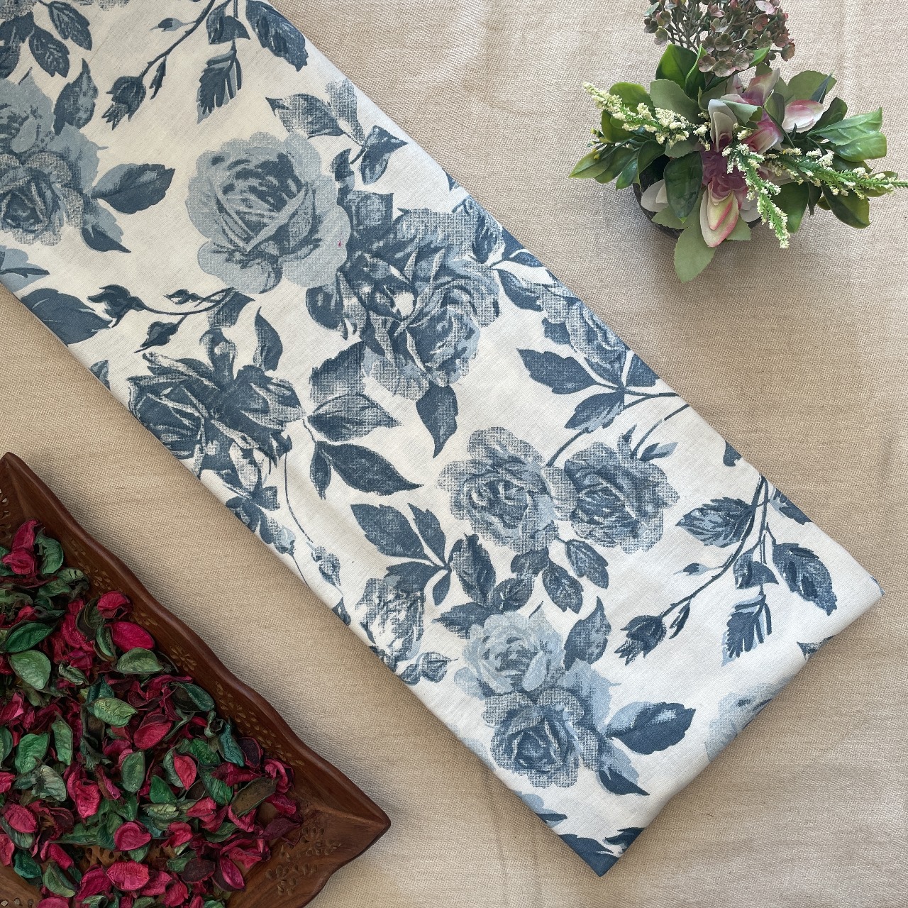 Khadi Cotton Printed Fabric - Floral - White/Navy Blue