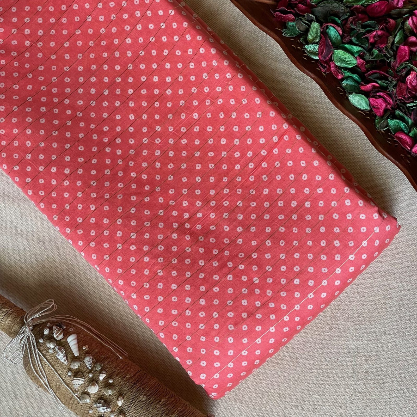 Pure Muslin Printed Fabric with Lurex Line - Pink/White - Dots - Bandhej/Bandhani