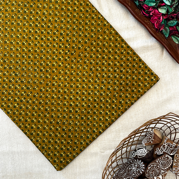 Pure Cotton Hand Block Ajrakh Printed Fabric - Small Butti - Mustard Yellow/Green