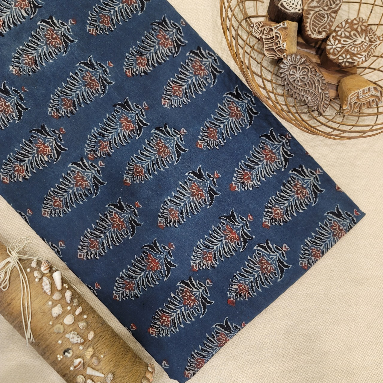 Pure Cotton Hand Block Ajrakh Printed Fabric - Tree Butta - Indigo Blue