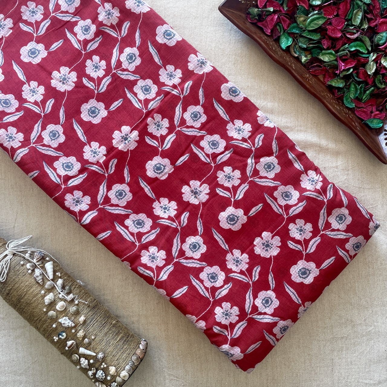 Pure Muslin Printed Fabric - Red/White - Floral