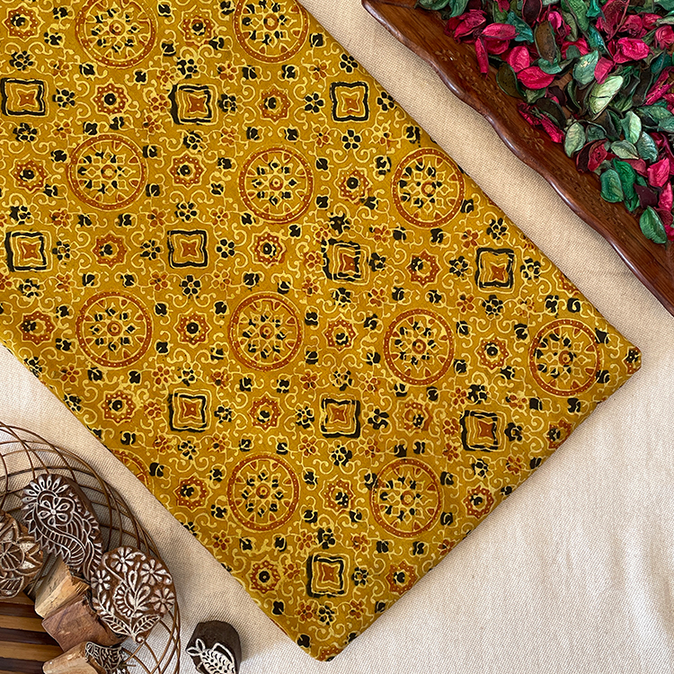 Pure Cotton Hand Block Ajrakh Printed Fabric - Circle & Stars - Mustard Yellow