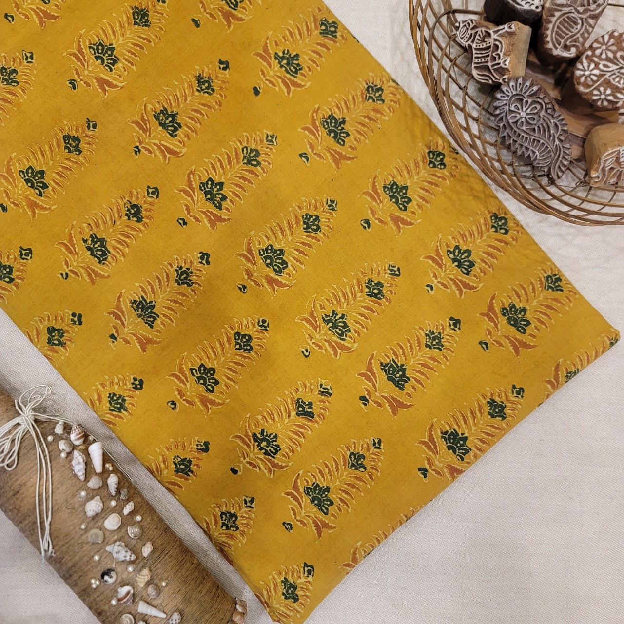 Pure Cotton Hand Block Ajrakh Printed Fabric - Tree Butta - Mustard Yellow