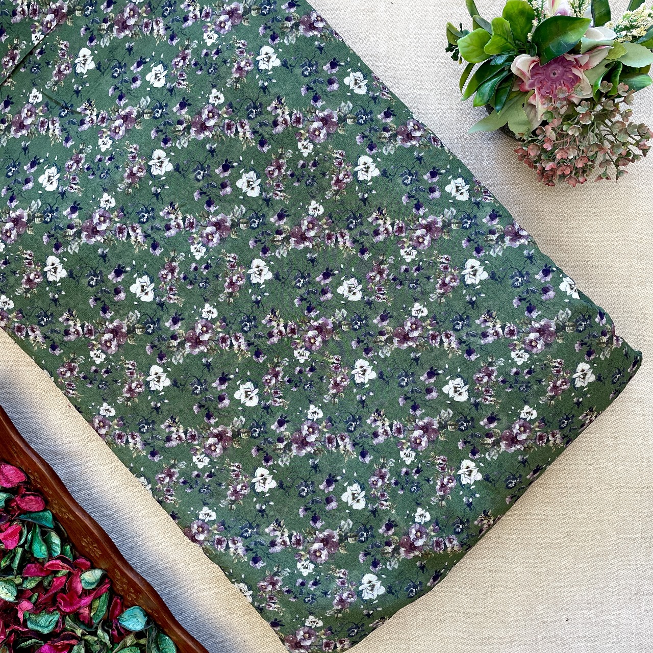 Pure Georgette Printed Fabric - Green/Purple - Floral