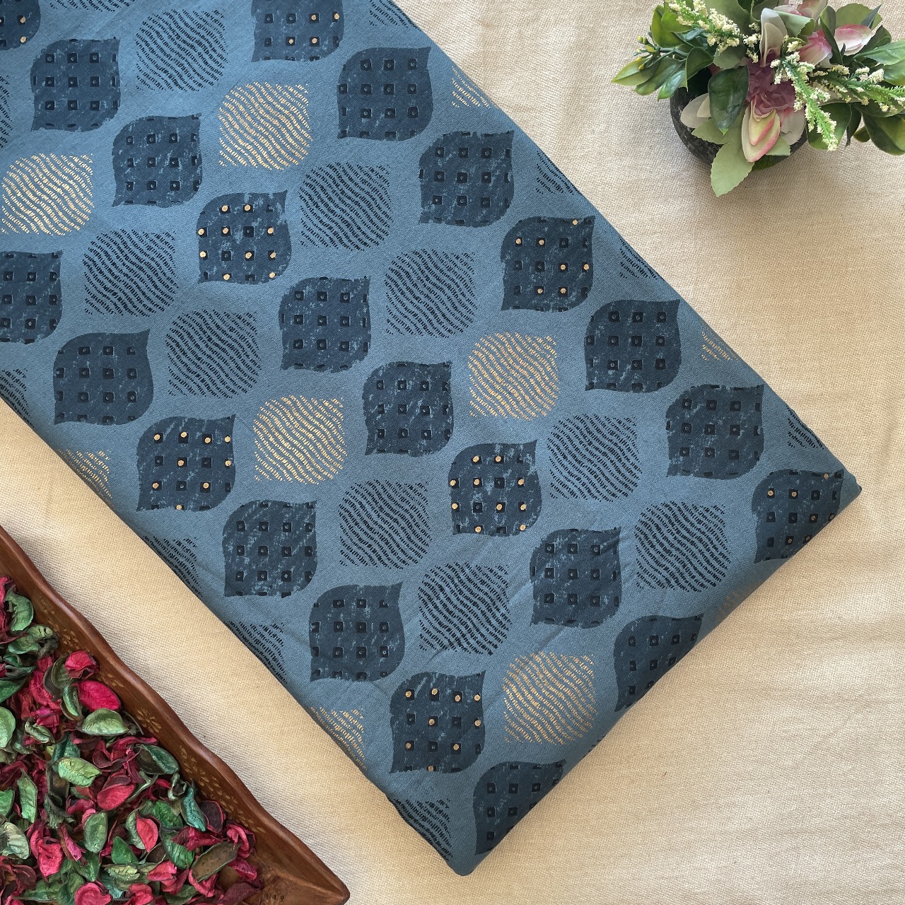 Khadi Cotton Printed Fabric - Navy Blue