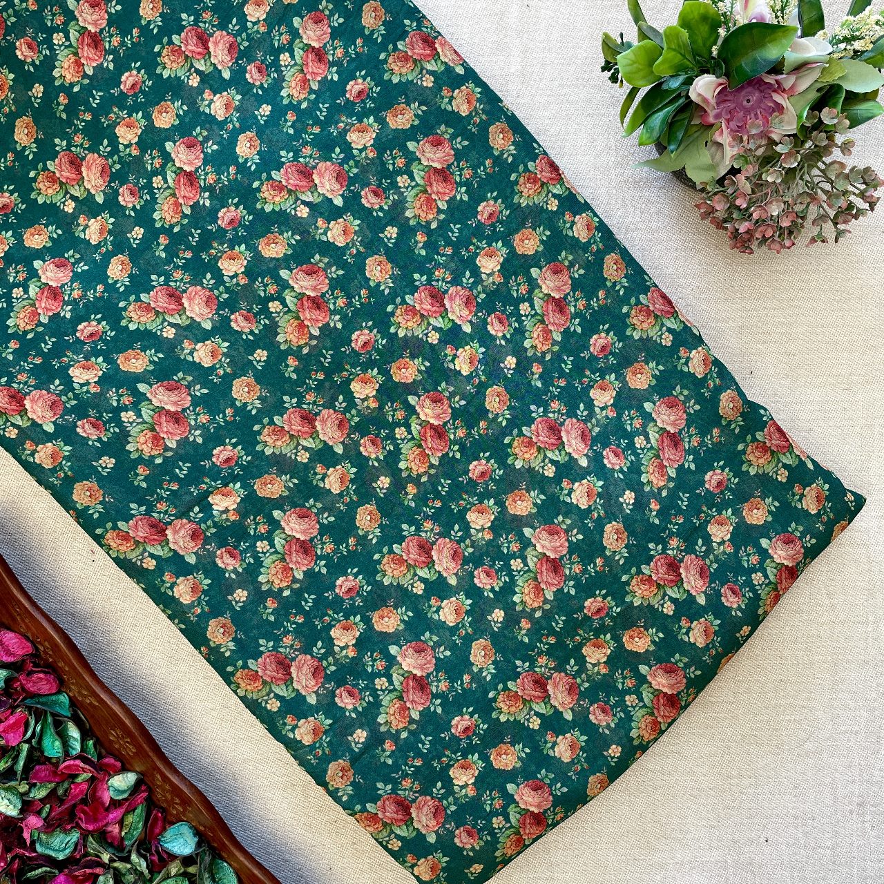 Pure Georgette Printed Fabric - Green - Floral