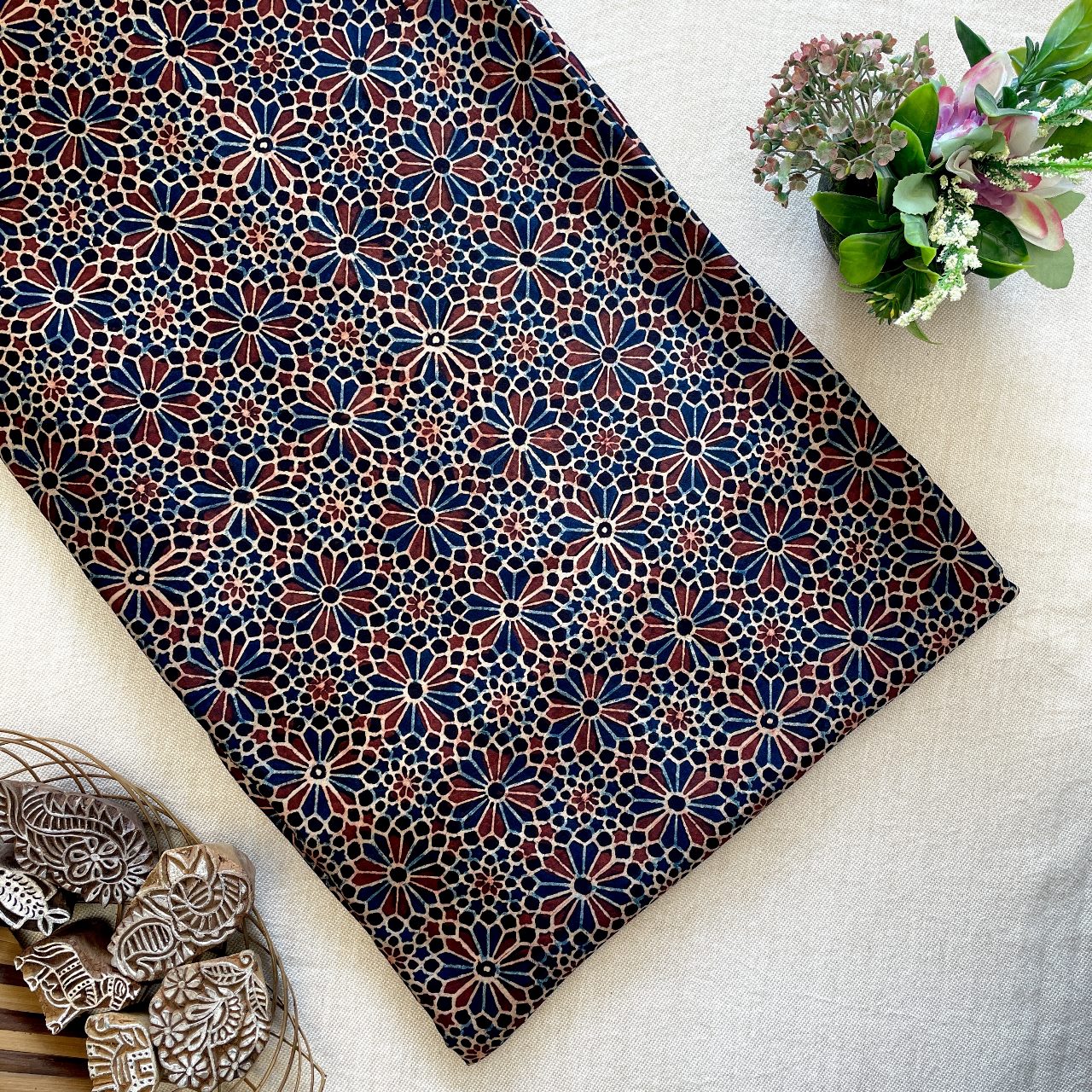 Modal Satin Silk Natural Dye Ajrakh Hand Block Printed Fabric – Black/Maroon – Floral Geometrical