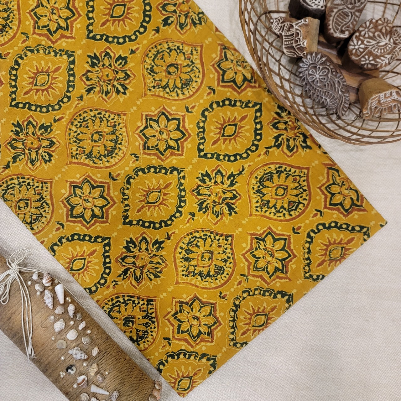 Pure Cotton Hand Block Ajrakh Printed Fabric - Badam - Mustard Yellow