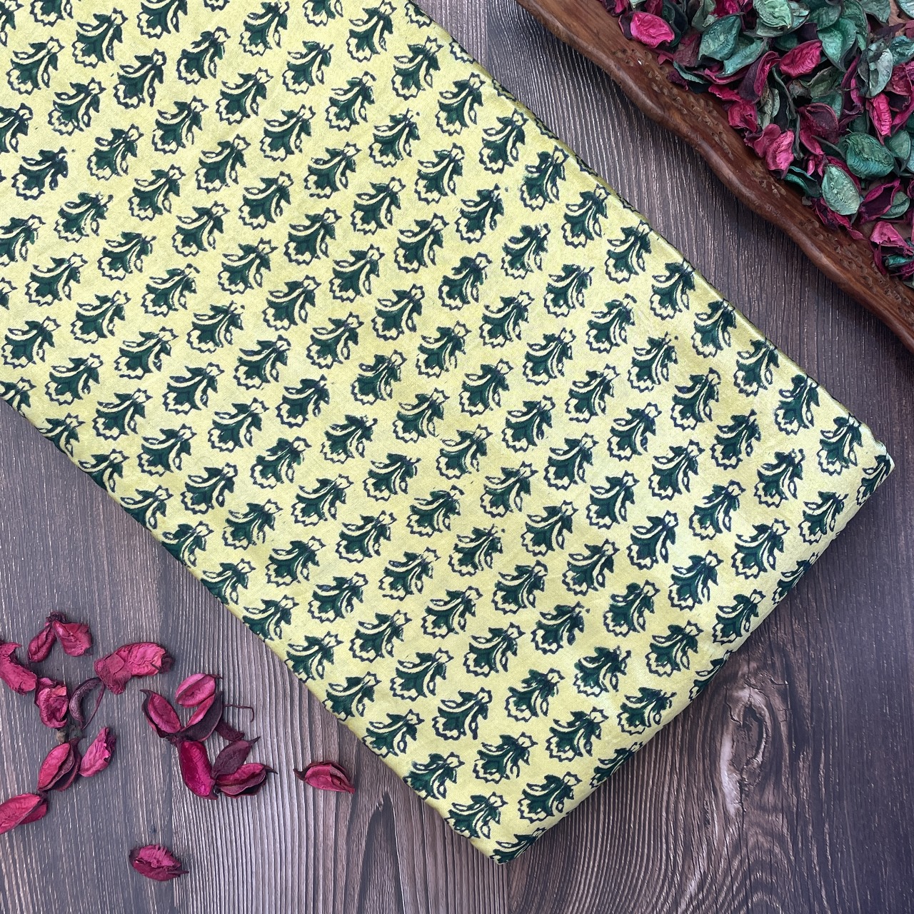 Mashru Silk Hand Block Printed Fabric – Yellow / Green – Small Butti