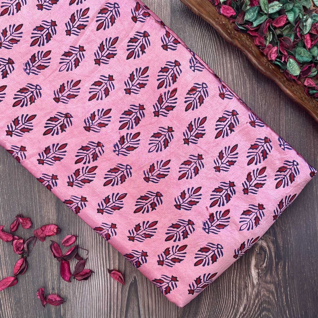 Mashru Silk Hand Block Printed Fabric – Pink / Red – Big Butta / Leaf