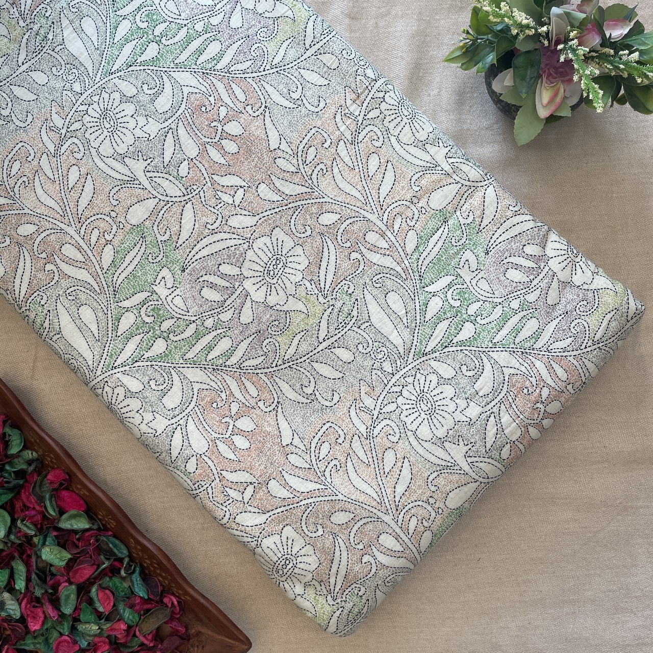Khadi Cotton Printed Fabric - Cream - Floral - Leaves (Veli)
