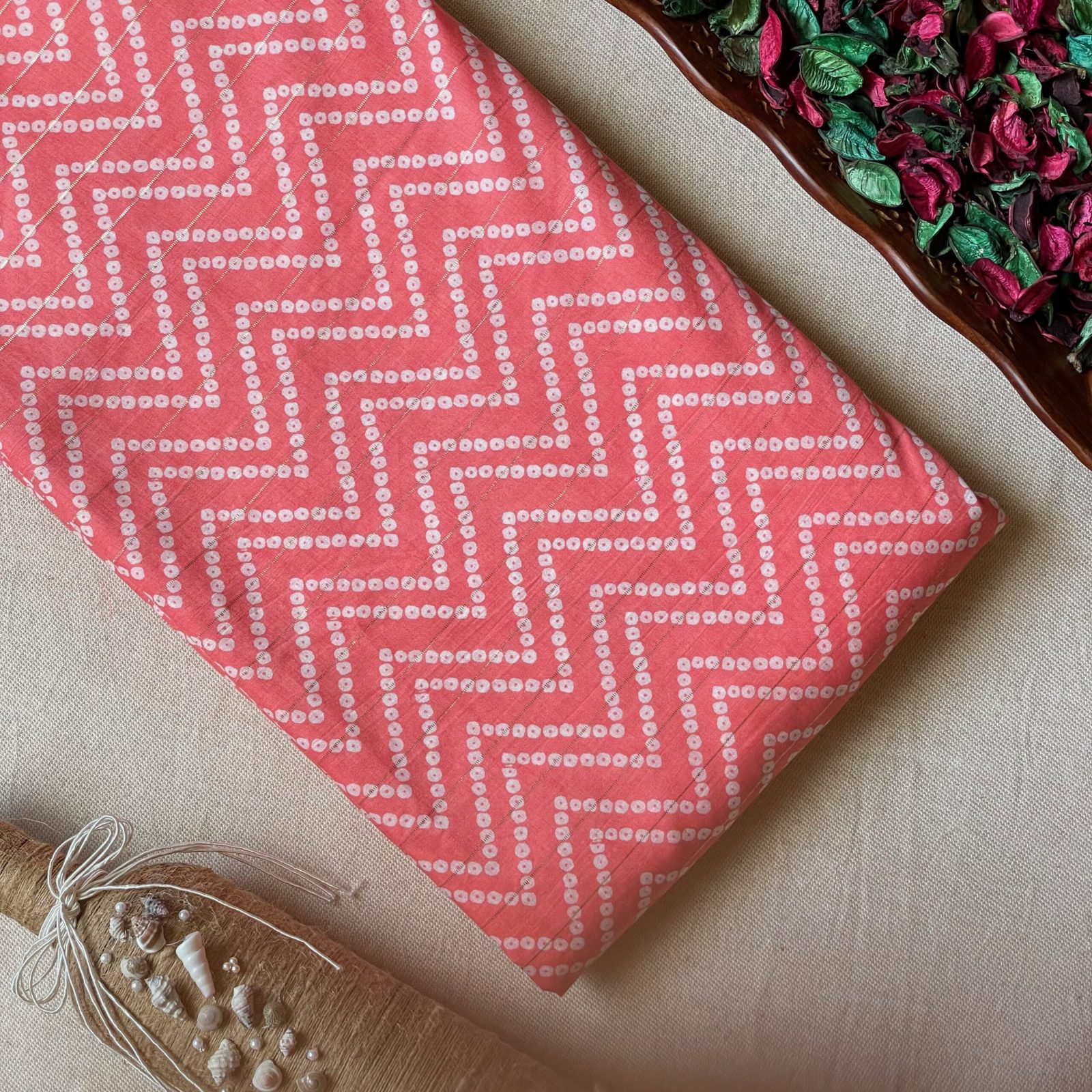 Pure Muslin Printed Fabric with Lurex Line - Pink - Zig Zag - Bandhej/Bandhani