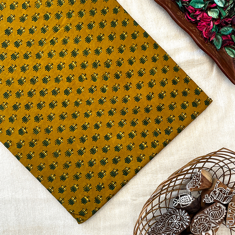 Pure Cotton Hand Block Ajrakh Printed Fabric - Small Butti_2 - Mustard Yellow