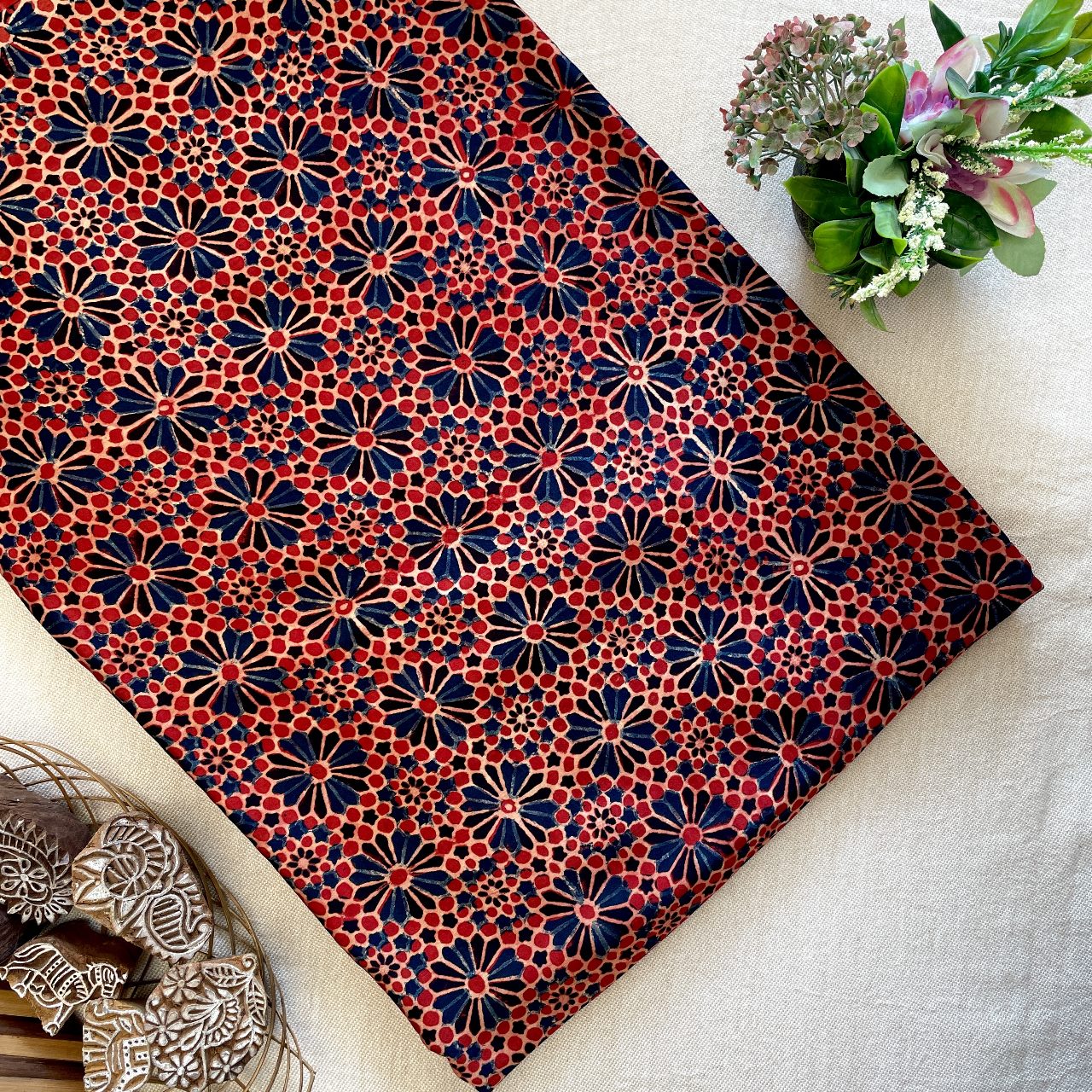 Modal Satin Silk Natural Dye Ajrakh Hand Block Printed Fabric – Red/Blue – Floral Geometrical