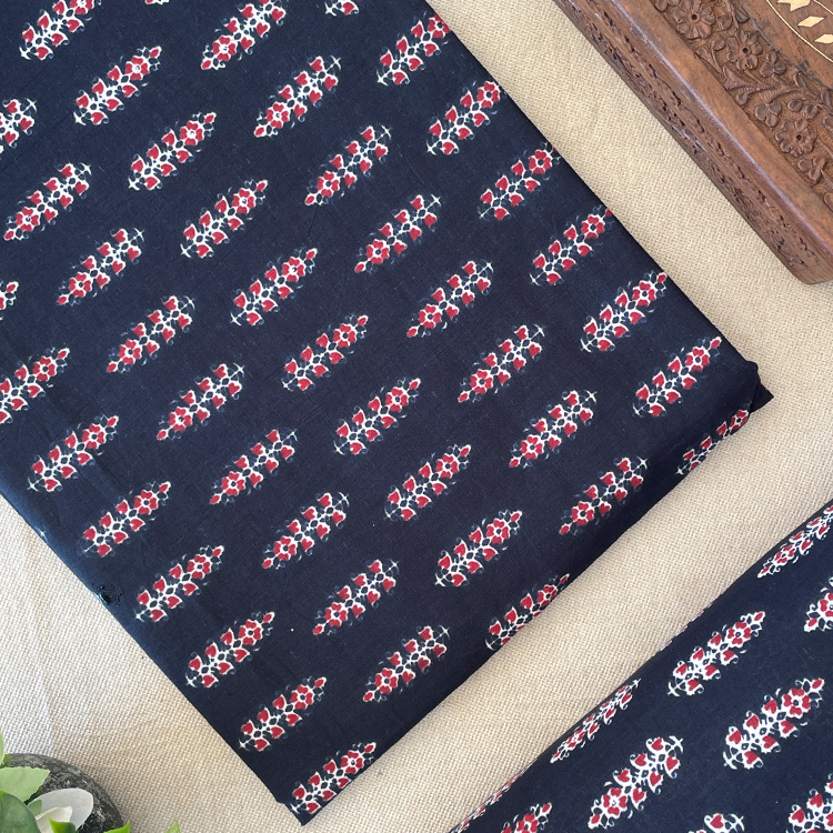Pure Cotton Printed Fabric - Navy Blue/Red Butta