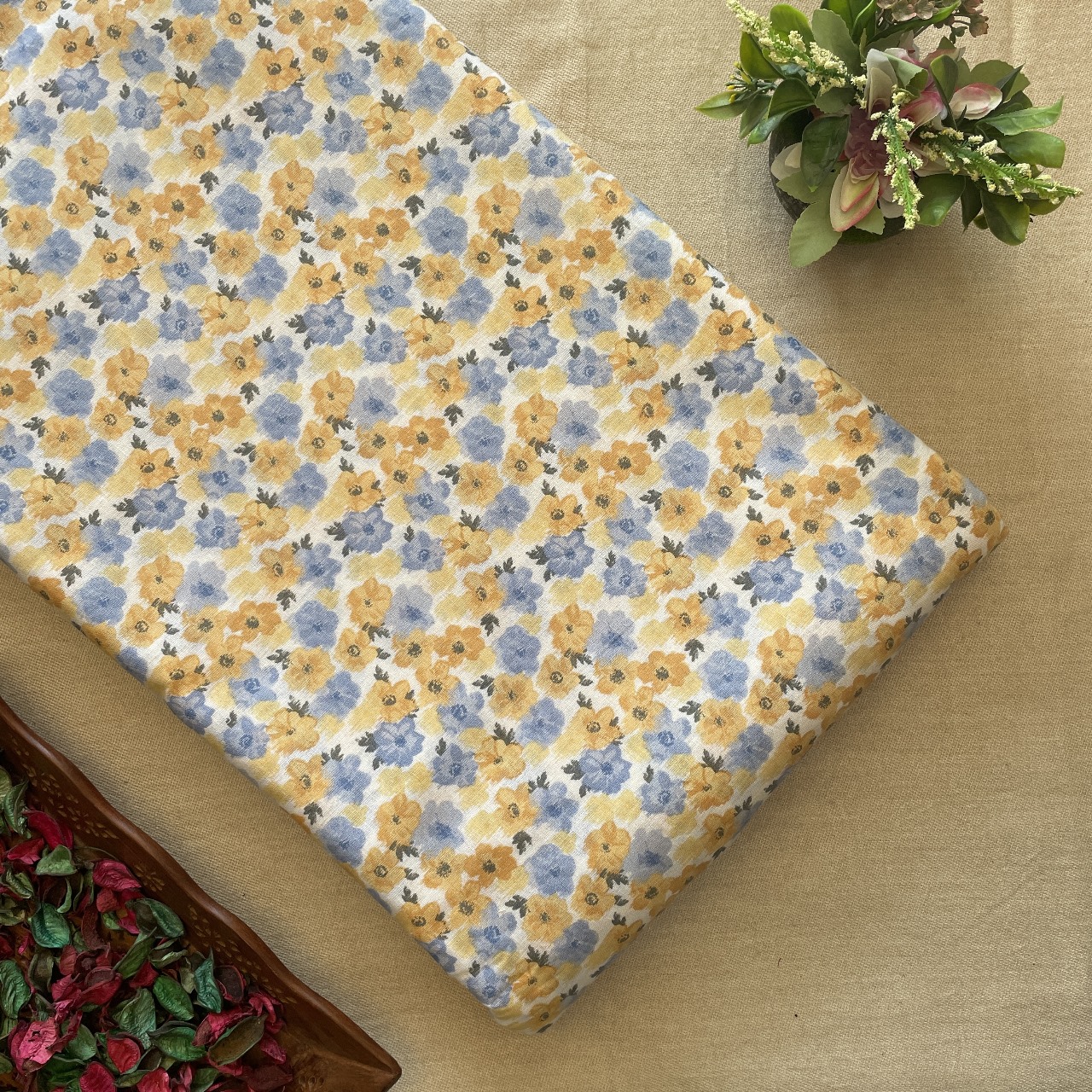 Khadi Cotton Printed Fabric - Floral - Yellow / Violate