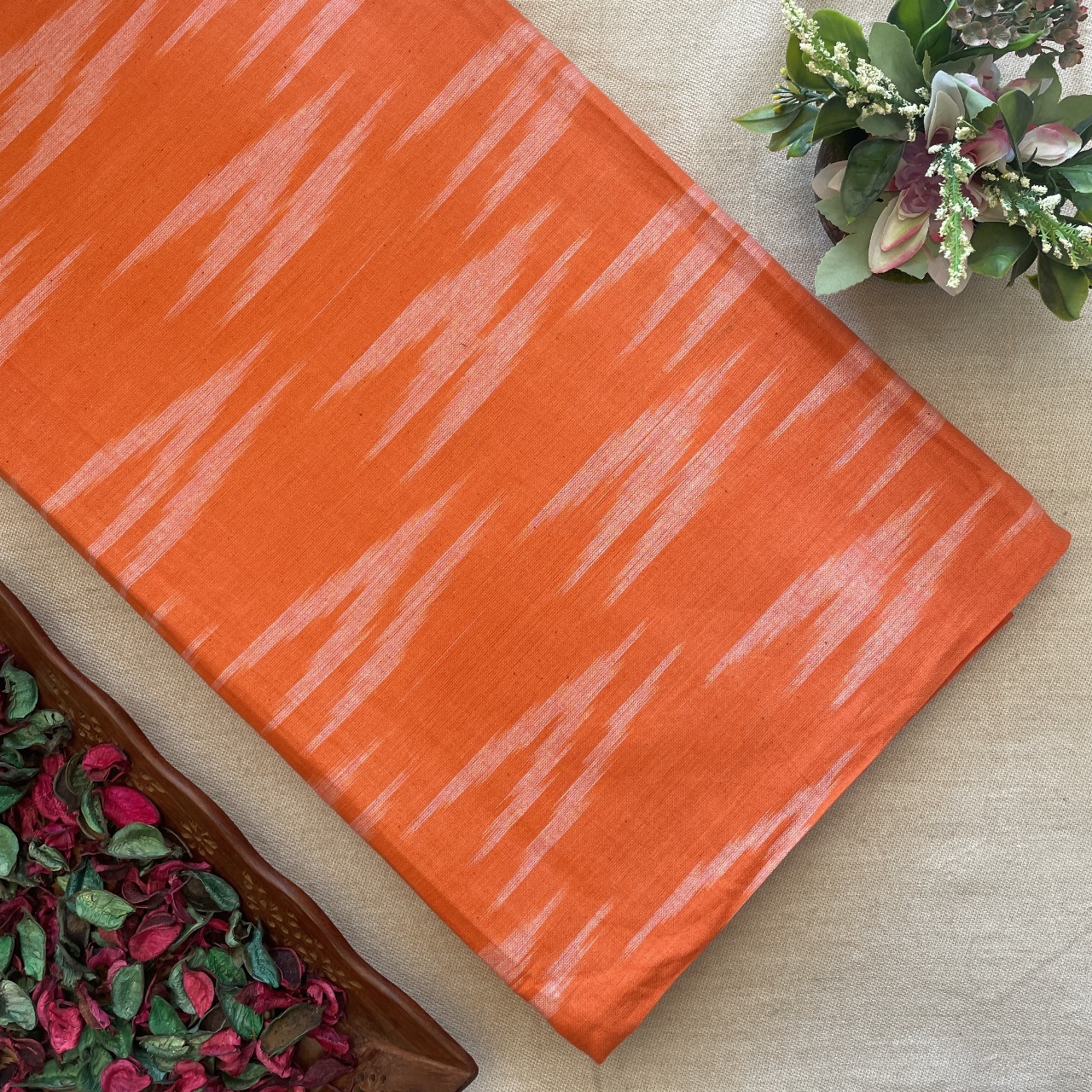Pure Cotton Ikat Weaved Fabric - Orange